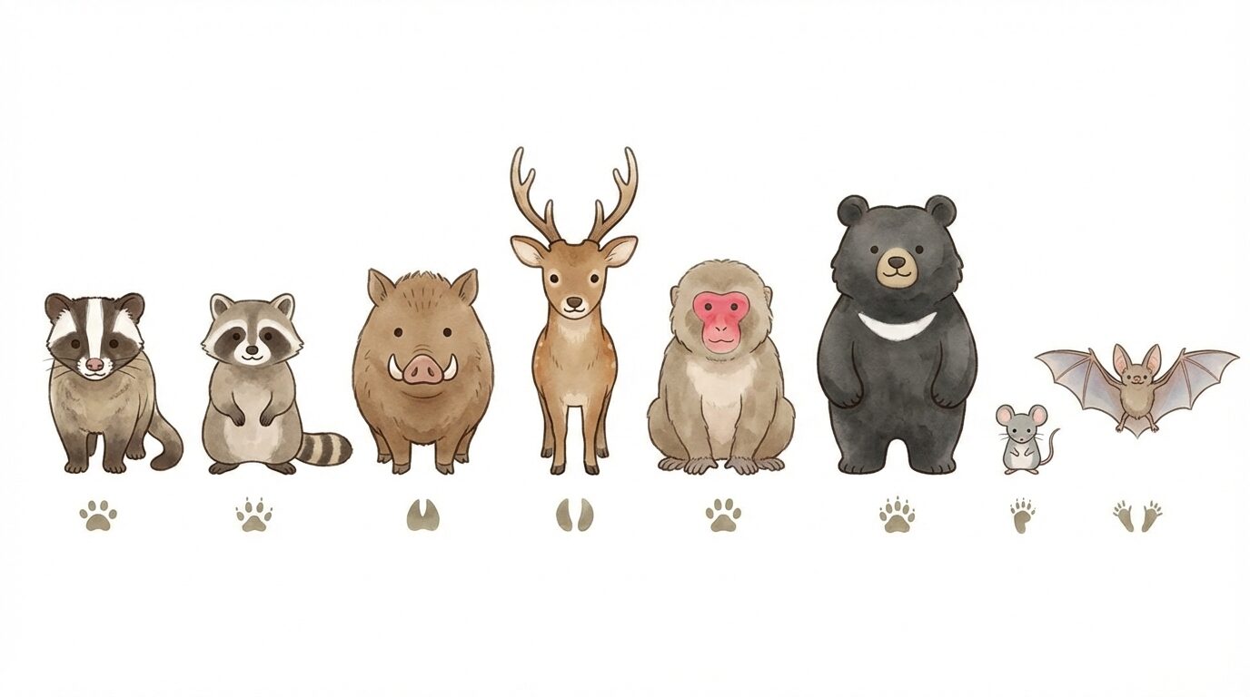 栃木県で多い害獣の種類と見分け方を解説するイラスト。栃木県の害獣駆除｜被害の実態・費用相場・業者の選び方を徹底解説の本文に対応した内容で、害獣駆除のポイントを視覚的にわかりやすく示しています。