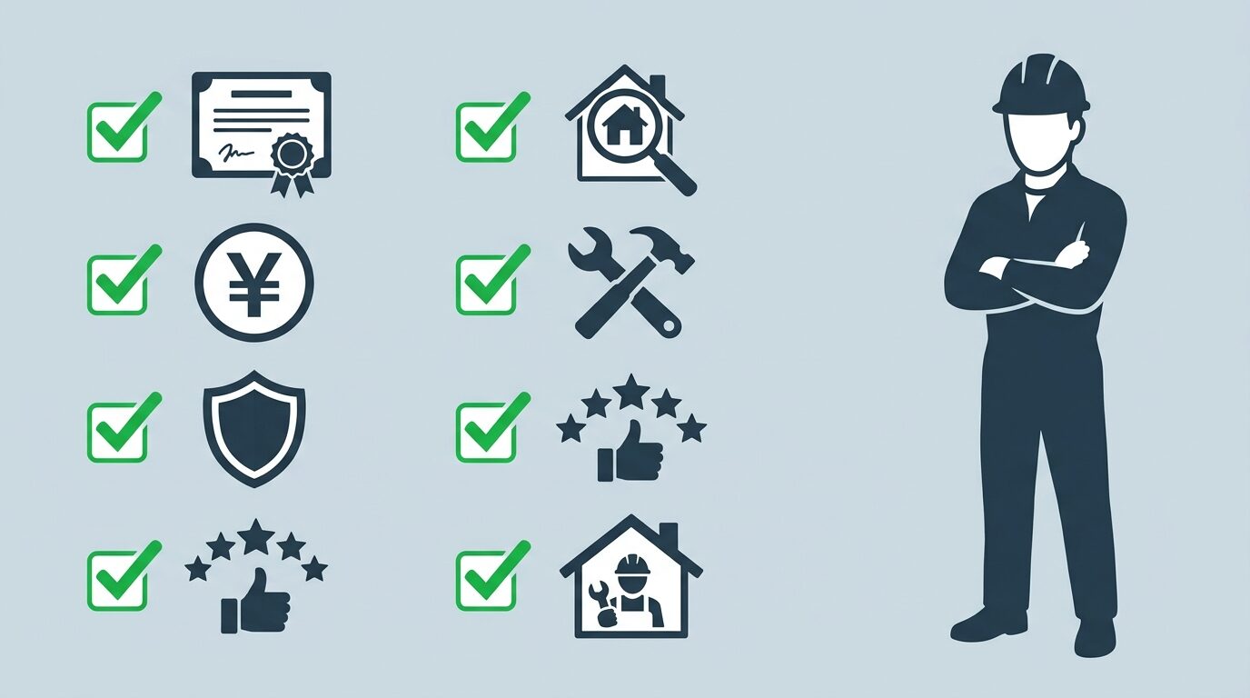 信頼できる業者選び|7つのポイントを解説するイラスト。ハクビシン駆除業者の選び方|費用相場8〜30万円と失敗しない7つのポイントの本文に対応した内容で、害獣駆除のポイントを視覚的にわかりやすく示しています。