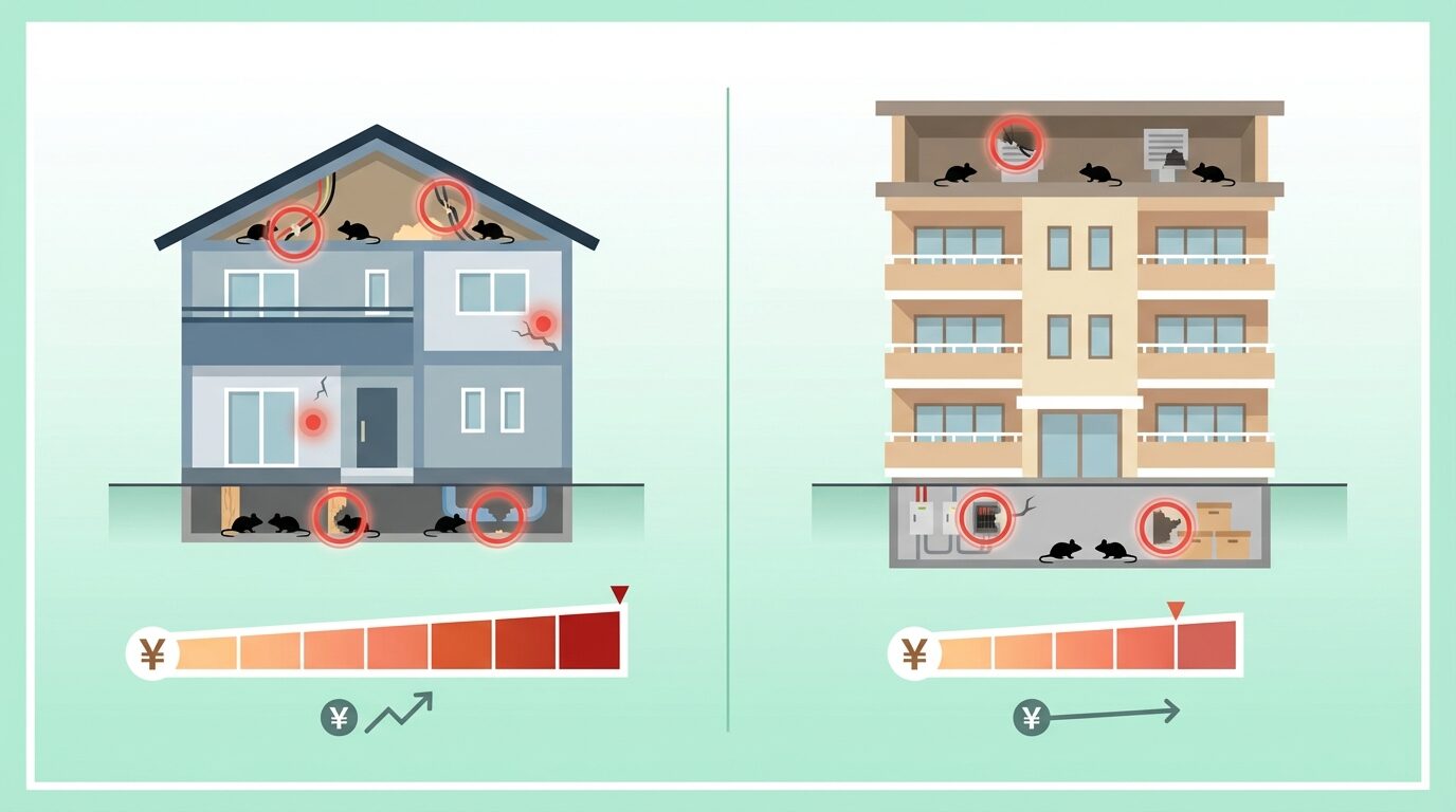 ネズミ駆除の費用相場｜建物別の目安を解説するイラスト。ネズミ駆除の費用相場｜戸建て・マンション別の料金と業者の選び方の本文に対応した内容で、害獣駆除のポイントを視覚的にわかりやすく示しています。