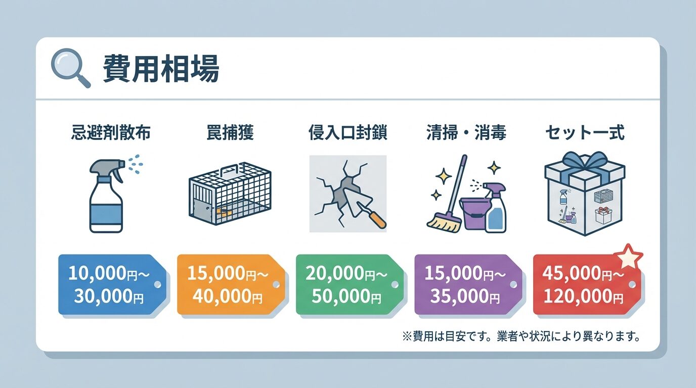 作業内容別の費用内訳を徹底解説を解説するイラスト。イタチ駆除費用の相場と内訳｜業者選びで失敗しないための完全ガイドの本文に対応した内容で、害獣駆除のポイントを視覚的にわかりやすく示しています。