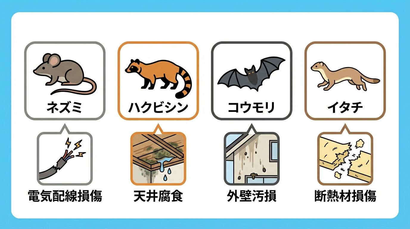 害獣の種類別・火災保険適用の目安を解説するイラスト。害獣駆除の費用は火災保険で出る？補償条件と申請手順を完全解説の本文に対応した内容で、害獣駆除のポイントを視覚的にわかりやすく示しています。