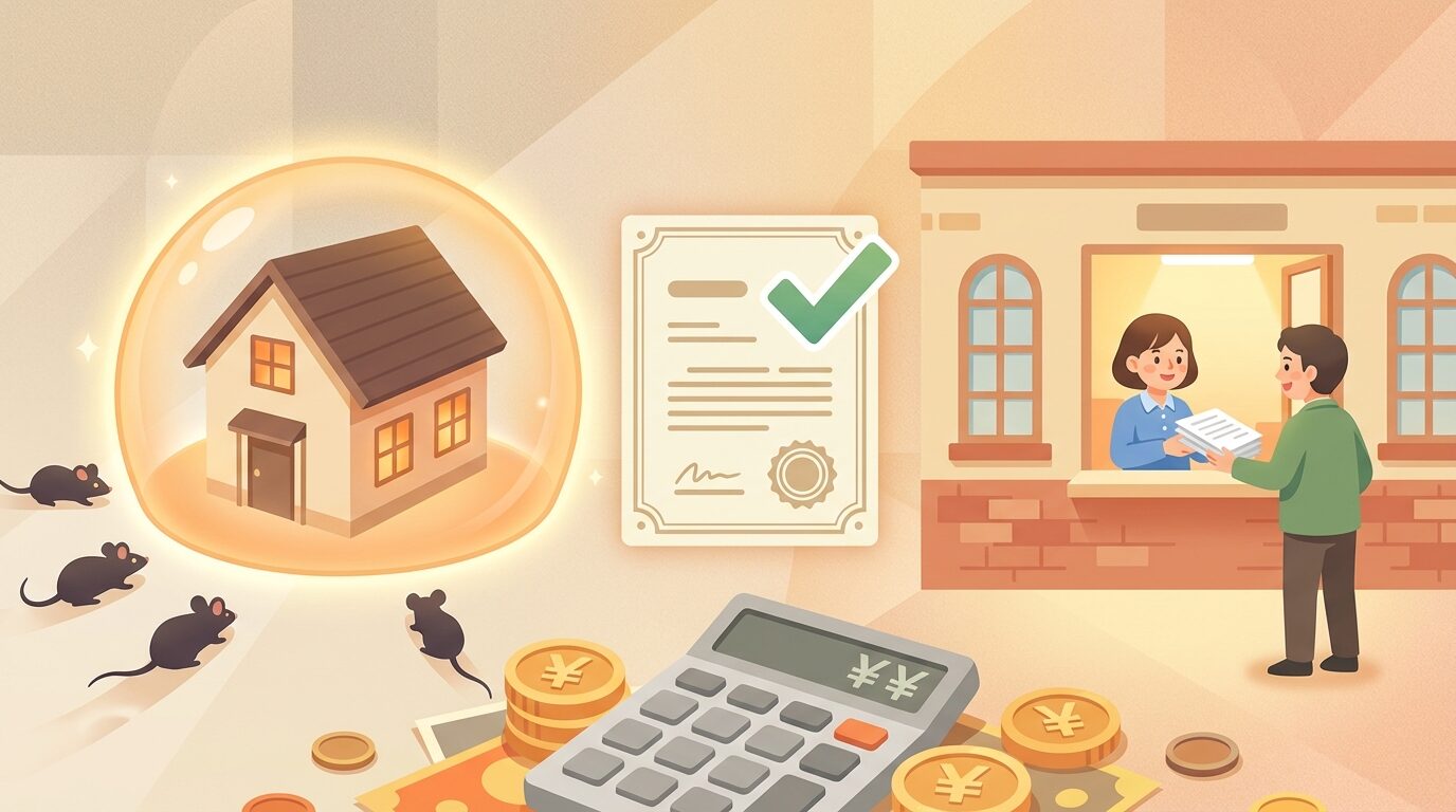 火災保険の適用と自治体の補助金・無料相談窓口を解説するイラスト。ネズミ駆除の費用相場｜戸建て・マンション別の料金と業者の選び方の本文に対応した内容で、害獣駆除のポイントを視覚的にわかりやすく示しています。