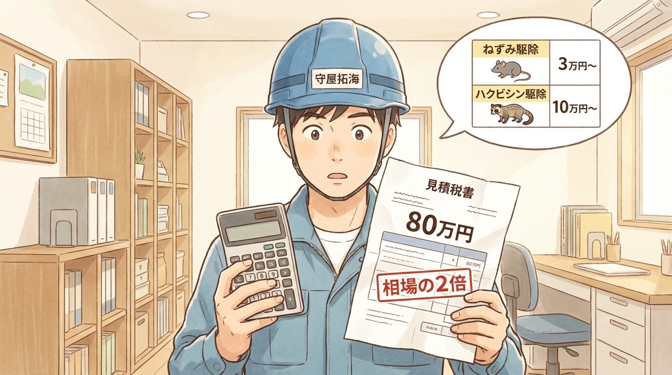 高すぎる見積もりの判断基準を解説するイラスト。害獣駆除の見積もり比較はどこを見る？失敗しない7つの鉄則の本文に対応した内容で、害獣駆除のポイントを視覚的にわかりやすく示しています。
