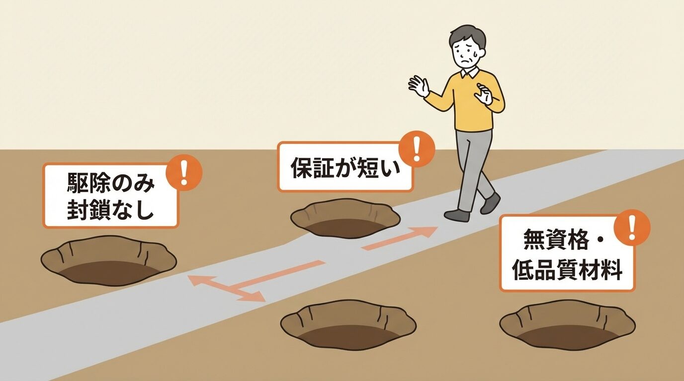 安い見積もりに潜む3つの落とし穴を解説するイラスト。害獣駆除の見積もり比較はどこを見る？失敗しない7つの鉄則の本文に対応した内容で、害獣駆除のポイントを視覚的にわかりやすく示しています。