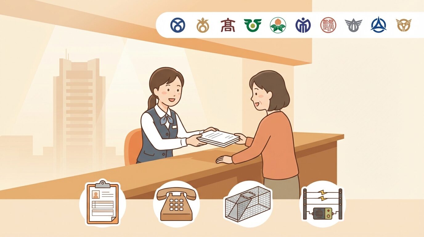 群馬県・市町村の行政相談窓口と補助金制度を解説するイラスト。群馬県の害獣駆除|被害の実態・費用相場・業者の選び方を徹底解説の本文に対応した内容で、害獣駆除のポイントを視覚的にわかりやすく示しています。