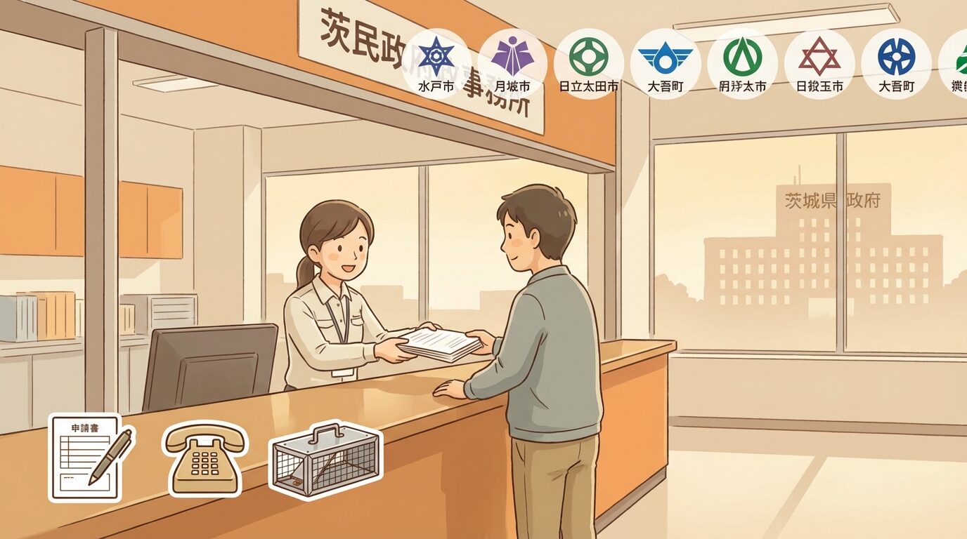 茨城県・市町村の行政相談窓口と補助金制度を解説するイラスト。茨城県の害獣駆除|被害の実態・費用相場・業者の選び方を徹底解説の本文に対応した内容で、害獣駆除のポイントを視覚的にわかりやすく示しています。