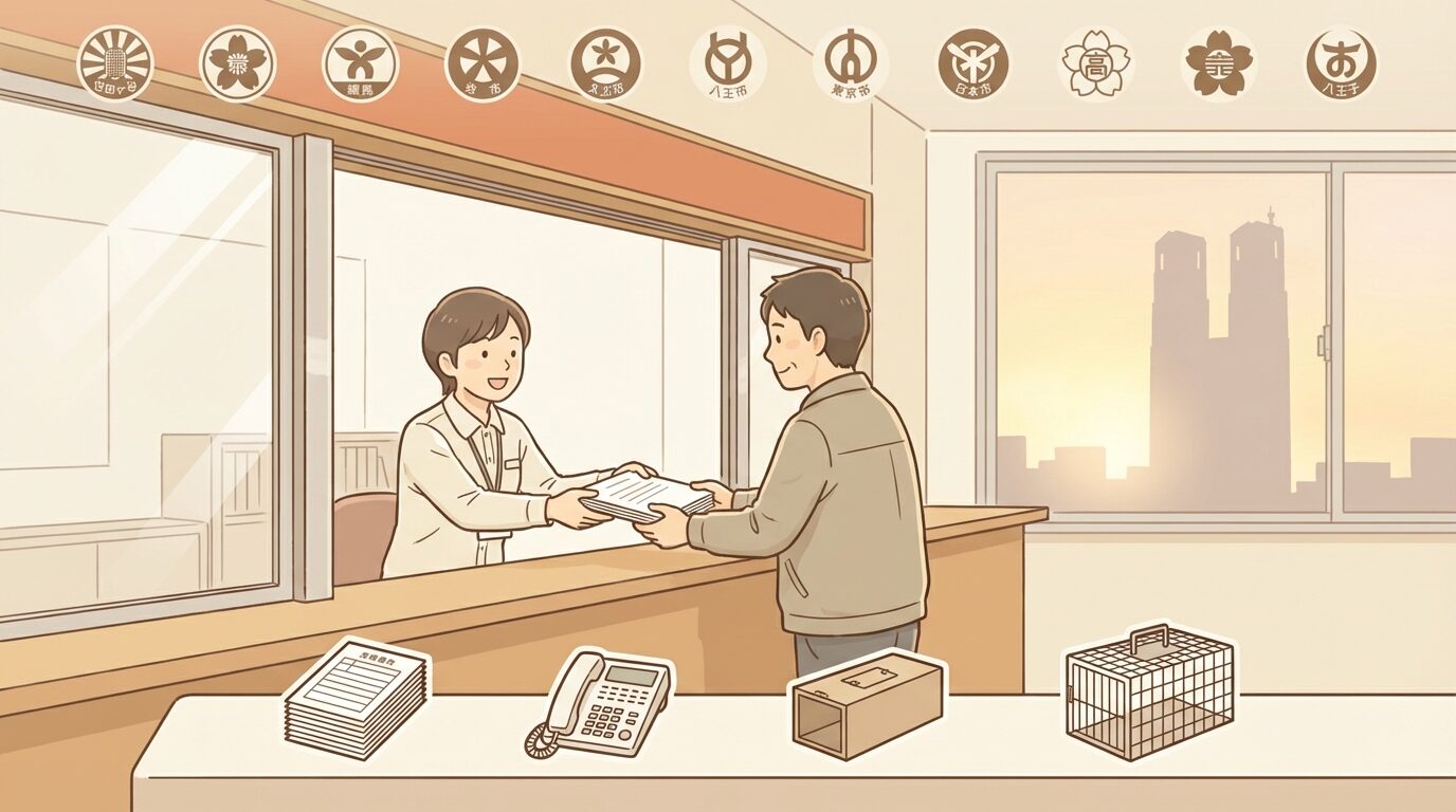 東京都・区市町村の行政相談窓口と支援制度を解説するイラスト。東京都の害獣駆除|被害の実態・費用相場・業者の選び方を徹底解説の本文に対応した内容で、害獣駆除のポイントを視覚的にわかりやすく示しています。
