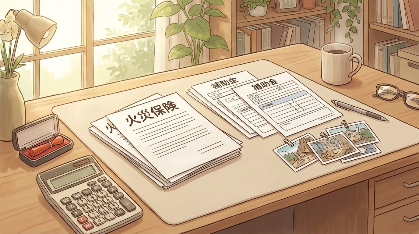 火災保険・補助金で費用を抑える方法を解説するイラスト。害獣による天井裏の断熱材被害｜修繕費用と早期対応の全ガイドの本文に対応した内容で、害獣駆除のポイントを視覚的にわかりやすく示しています。