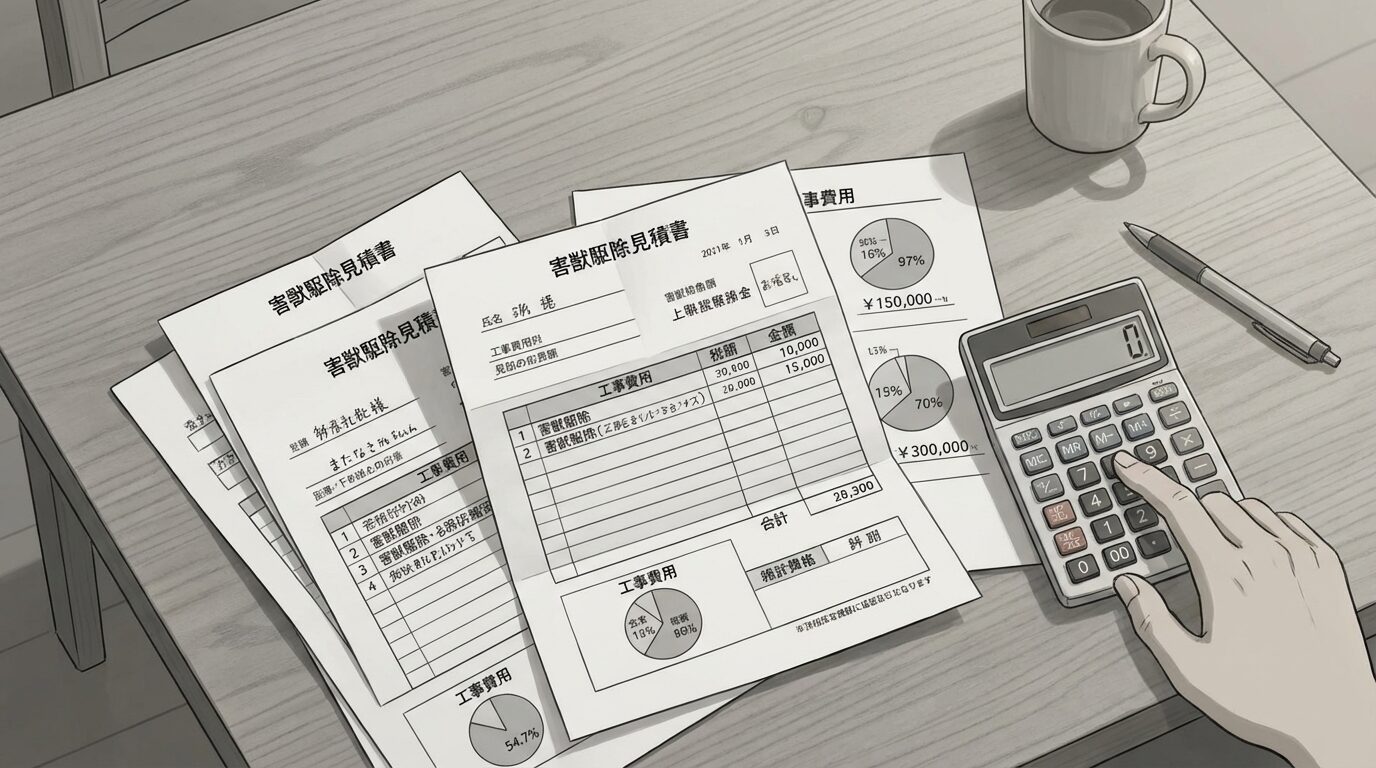 害獣駆除の費用相場と見積もり比較のポイントを解説するイラスト。【害獣駆除業者の選び方】失敗しない7つのチェックポイントの本文に対応した内容で、害獣駆除のポイントを視覚的にわかりやすく示しています。