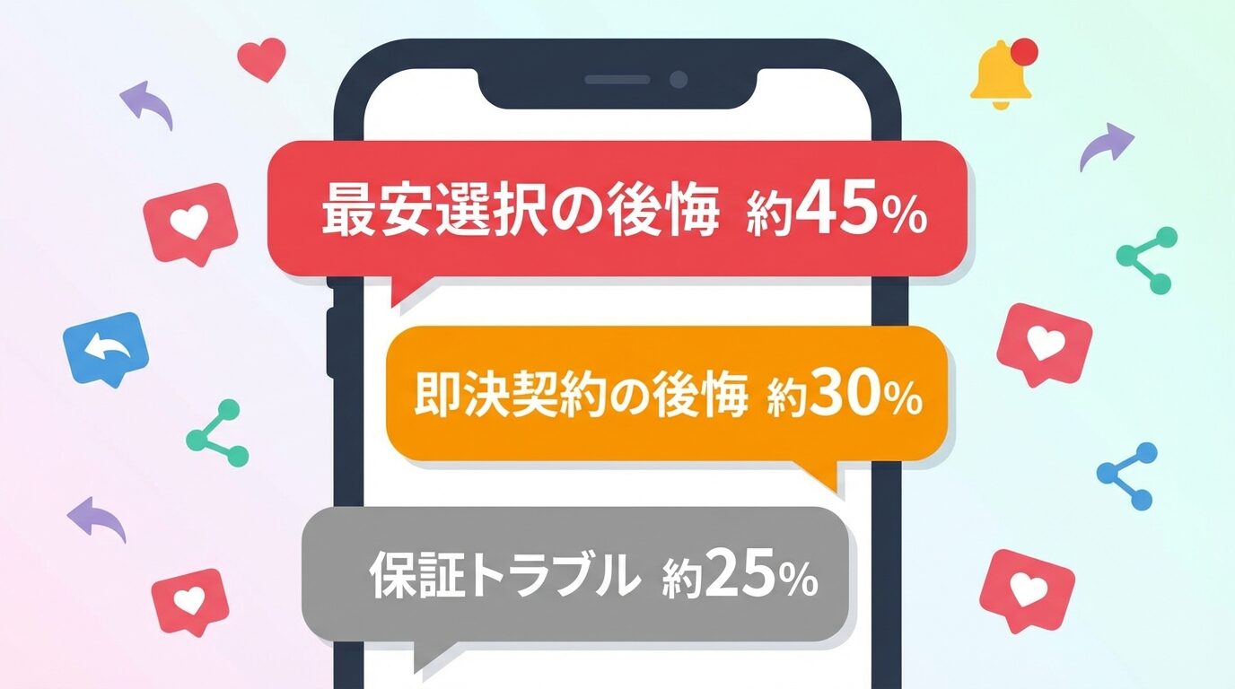 SNS・口コミで調査した失敗事例を解説するイラスト。害獣駆除の見積もり比較はどこを見る？失敗しない7つの鉄則の本文に対応した内容で、害獣駆除のポイントを視覚的にわかりやすく示しています。