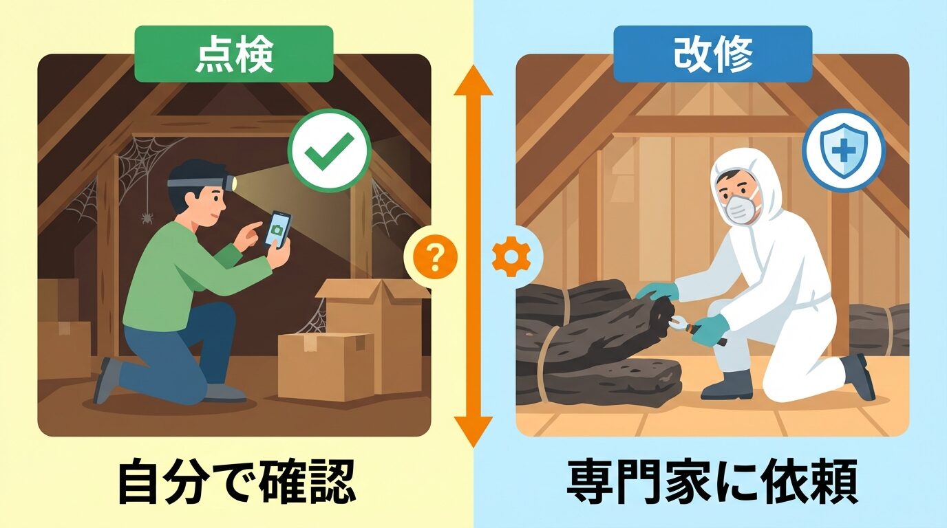 自分でできる対応と業者に任せるべきことを解説するイラスト。害獣による天井裏の断熱材被害｜修繕費用と早期対応の全ガイドの本文に対応した内容で、害獣駆除のポイントを視覚的にわかりやすく示しています。