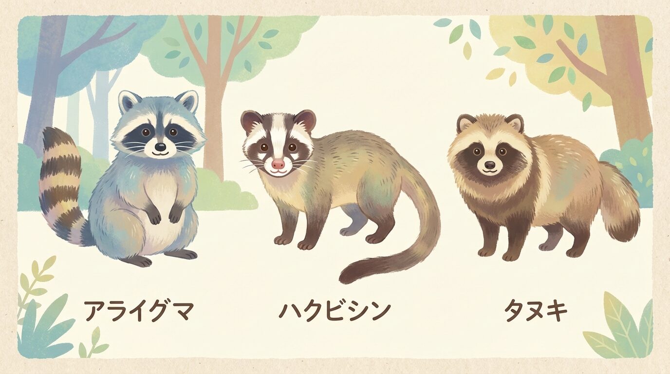 アライグマの見分け方｜他害獣との違いを解説するイラスト。アライグマの駆除方法｜自分でできる対策と業者の費用相場10〜35万円の本文に対応した内容で、害獣駆除のポイントを視覚的にわかりやすく示しています。