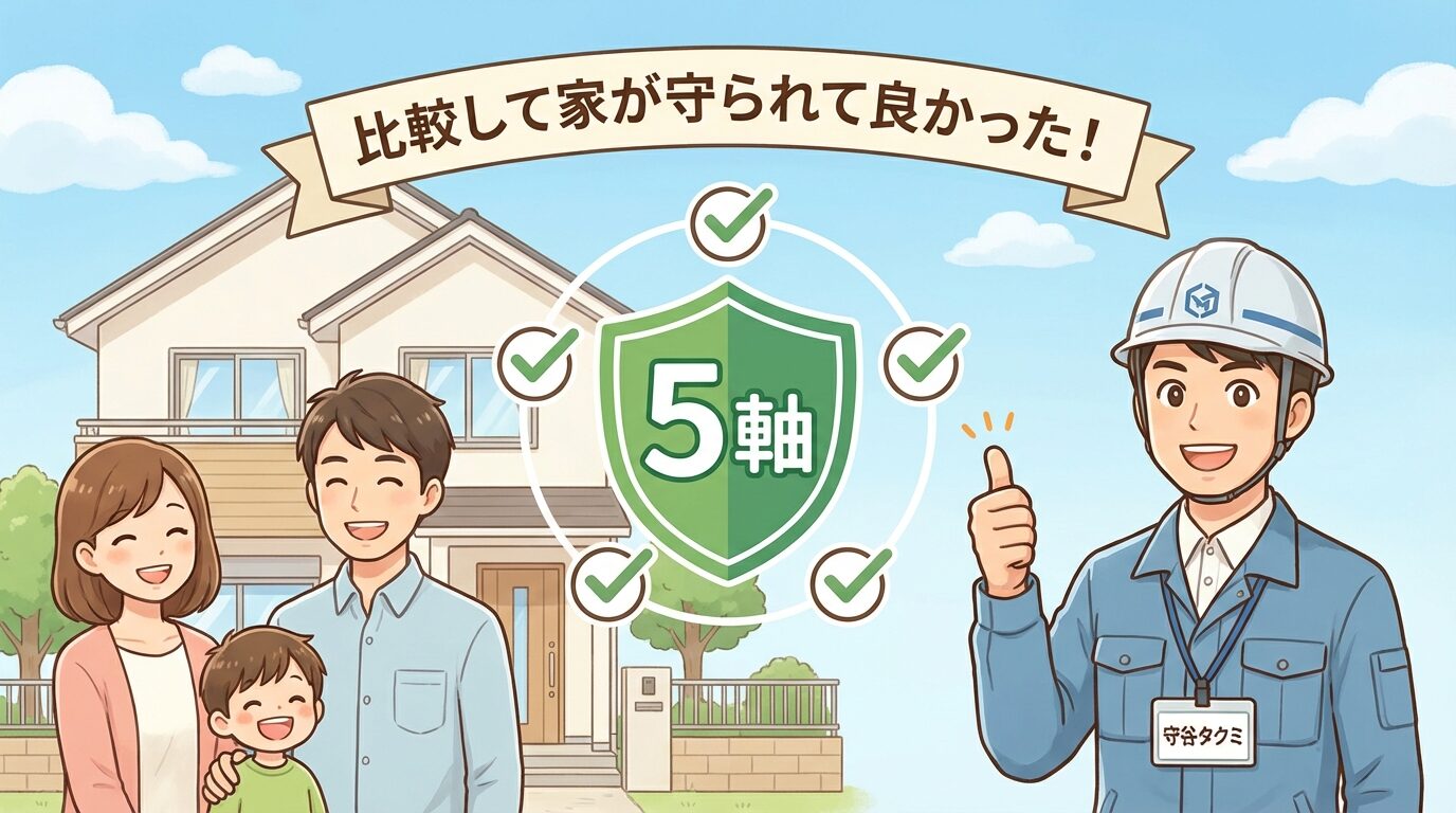 まとめ：5軸で見れば見積もり比較で失敗しないを解説するイラスト。害獣駆除の見積もり比較はどこを見る？失敗しない7つの鉄則の本文に対応した内容で、害獣駆除のポイントを視覚的にわかりやすく示しています。