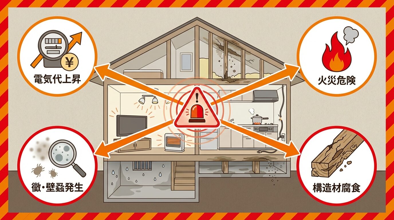 被害を放置するとどうなる？4つのリスクを解説するイラスト。害獣による天井裏の断熱材被害｜修繕費用と早期対応の全ガイドの本文に対応した内容で、害獣駆除のポイントを視覚的にわかりやすく示しています。