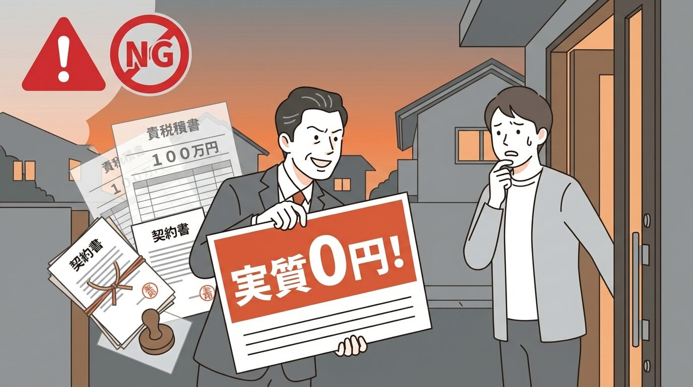 「保険で無料」を謳う悪質業者に要注意を解説するイラスト。害獣駆除の費用は火災保険で出る？補償条件と申請手順を完全解説の本文に対応した内容で、害獣駆除のポイントを視覚的にわかりやすく示しています。