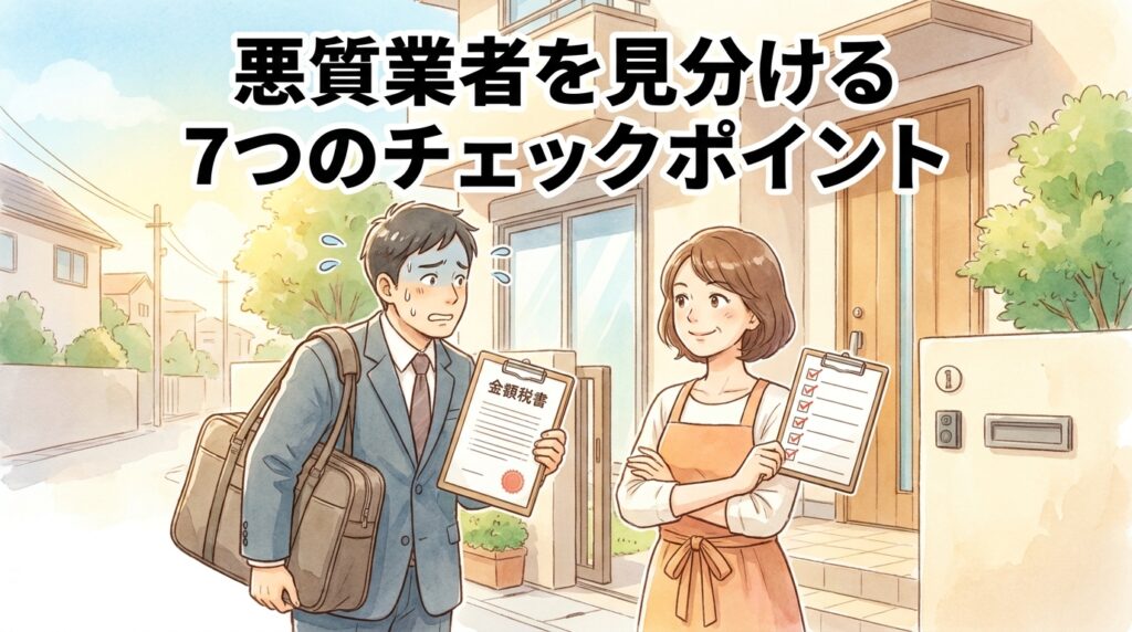 害獣駆除の悪質業者を見分ける7つのチェックポイントを紹介するアイキャッチ画像。玄関前で高額見積書を持った怪しいセールスマンと、冷静にチェックリストを手に腕組みする主婦の対比構図で、知識武装の重要性を表現。明るい住宅街の背景に「悪質業者を見分ける7つのチェックポイント」の日本語タイトルが配置されたイラスト。