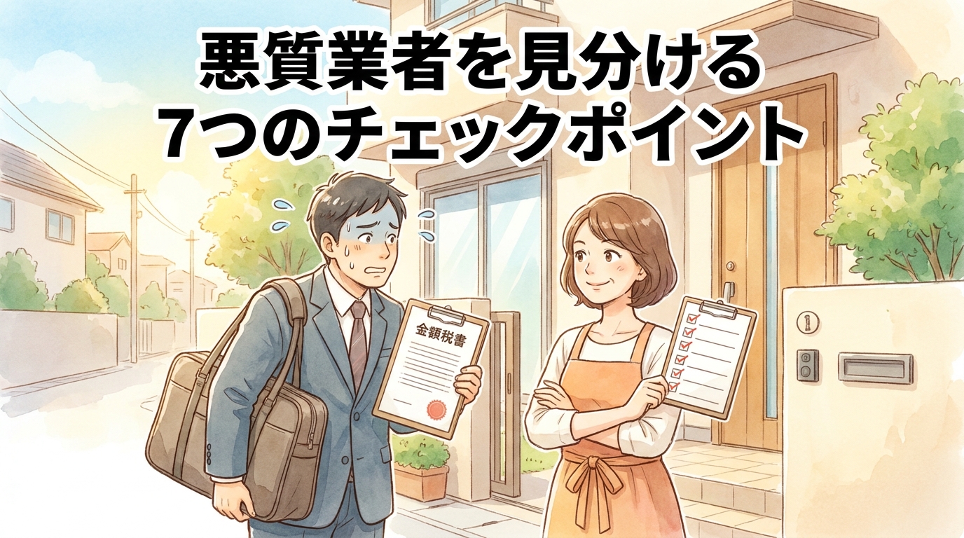 害獣駆除の悪質業者を見分ける7つのチェックポイントを紹介するアイキャッチ画像。玄関前で高額見積書を持った怪しいセールスマンと、冷静にチェックリストを手に腕組みする主婦の対比構図で、知識武装の重要性を表現。明るい住宅街の背景に「悪質業者を見分ける7つのチェックポイント」の日本語タイトルが配置されたイラスト。