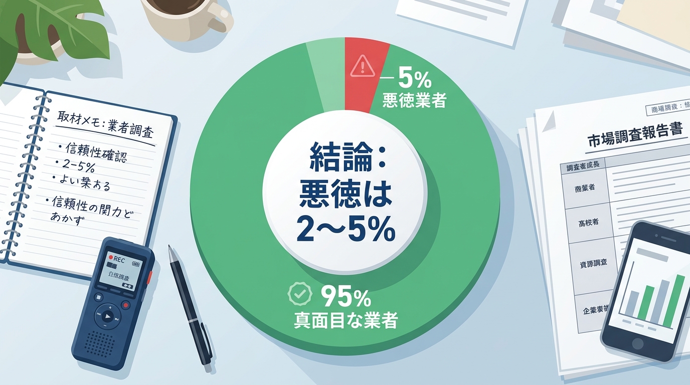 害獣駆除業者の実態を示す円グラフ。95%が真面目な業者（緑）、5%が悪徳業者（赤）で分割され、中央に「悪徳は全体の2〜5%」の日本語結論。取材ノート・ボイスレコーダーのアイコン付き清潔感のあるフラット図解。