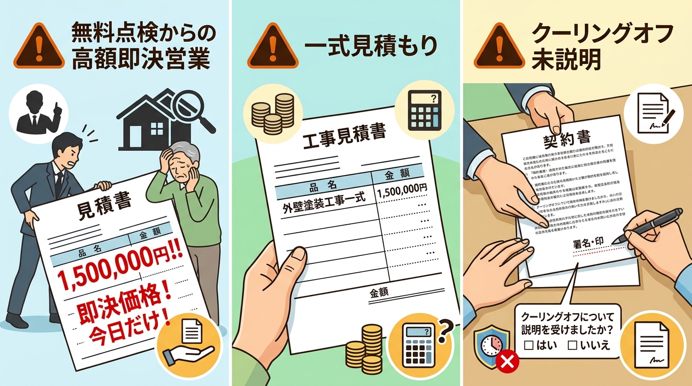 悪徳業者の3手口を対比する3分割イラスト。左「無料点検からの高額即決営業」、中央「一式見積もり」、右「クーリングオフ未説明」。各パターンにオレンジの警告マークと日本語ラベル付き。セールスマンのシルエット・見積書・契約書アイコン。