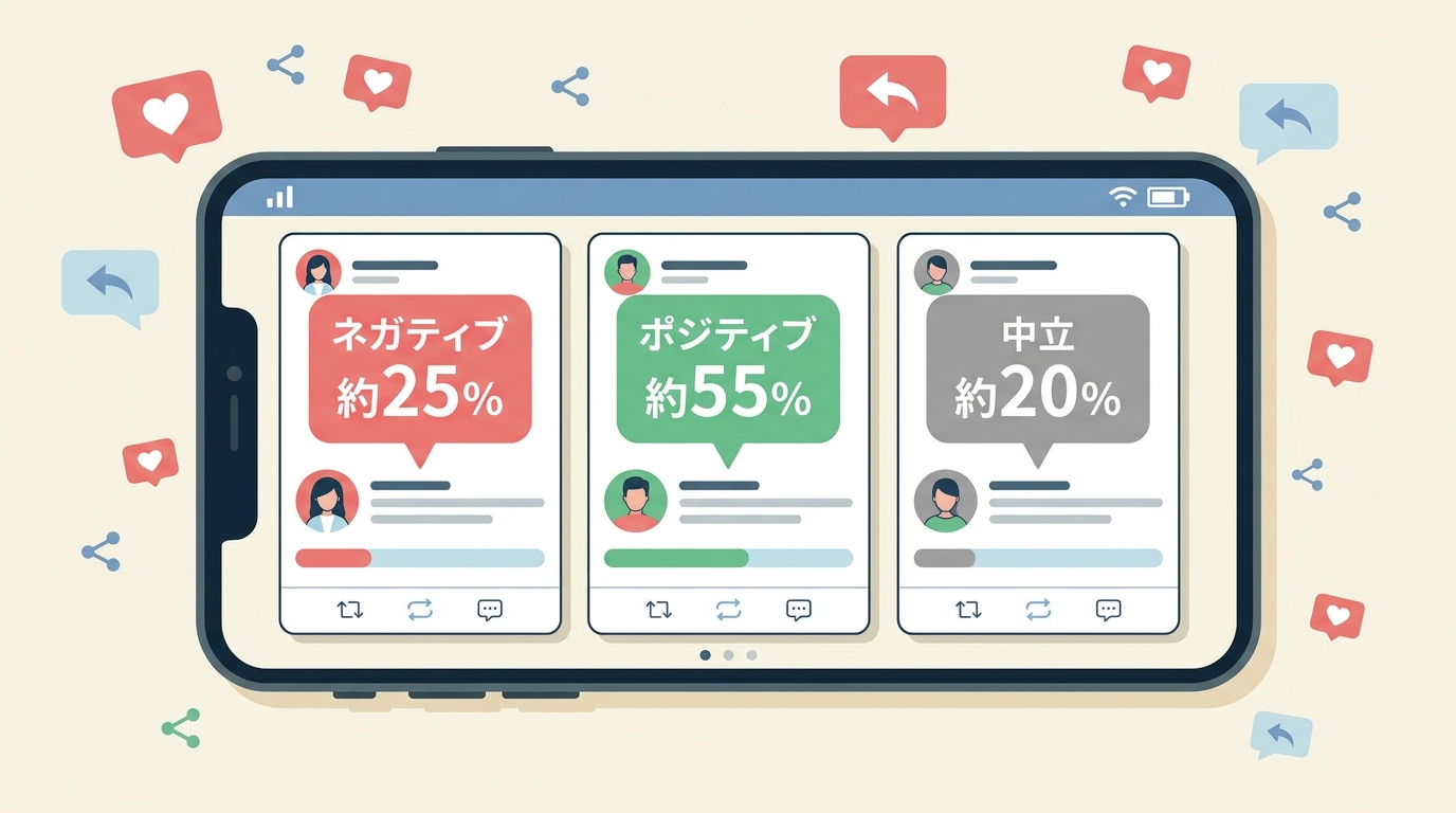 SNS・口コミ調査結果を示すスマートフォン画面イラスト。3つの吹き出し：赤「ネガティブ25%」、緑「ポジティブ55%」、グレー「中立20%」。日本語ラベルとアラビア数字パーセンテージ。SNSアイコン背景のフラットデザイン。