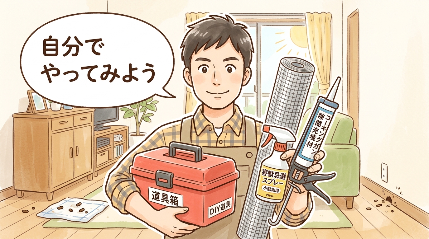 DIYが得意な男性が工具箱と害獣侵入防止グッズを手に前向きに取り組む姿。軽度被害のイメージ。明るいリビング背景。工具ラベルも日本語のみ。あたたかみのあるイラスト。やわらかい色調。
