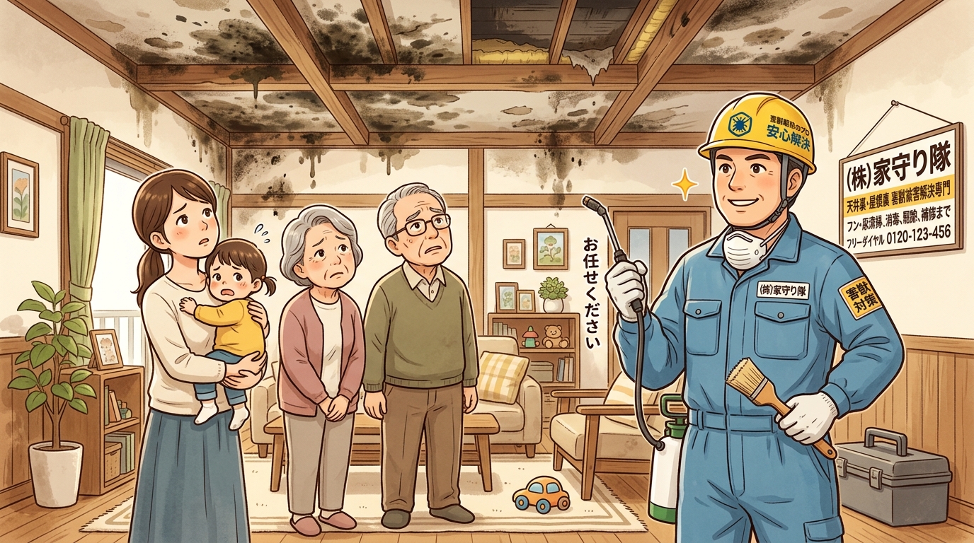 子どもを抱いた母親と高齢祖父母が心配そうに天井を見上げる家族。天井裏の広範囲糞尿被害が見える。右側にプロ業者が頼もしく立つ。看板ロゴも日本語のみ。あたたかみのあるイラスト。やわらかい色調。