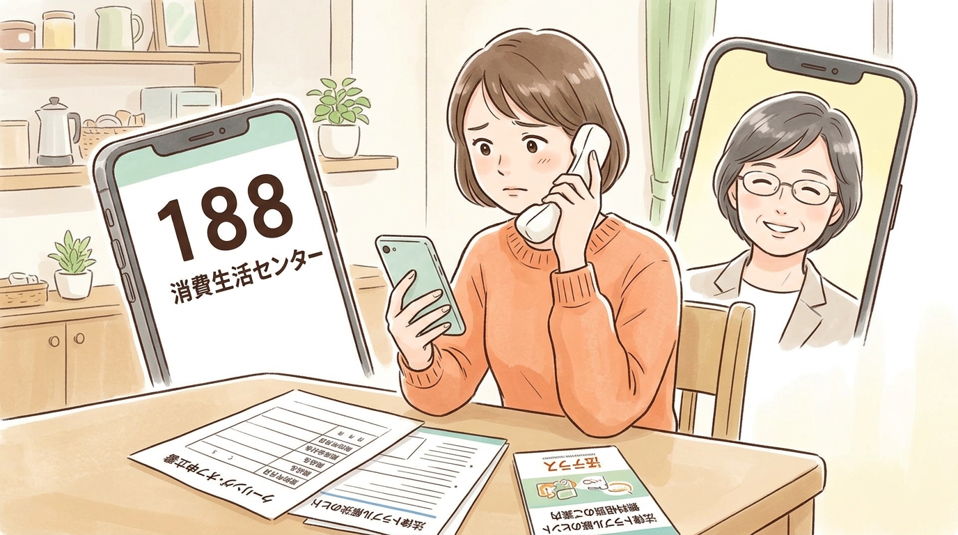 受話器を持って電話する女性のイラスト。電話画面に「188」の大きなアラビア数字と「消費生活センター」の日本語表示。優しい相談員の顔。背景にクーリングオフ書類・法テラスパンフ。書類内も日本語のみ。安心感のあるトーン。