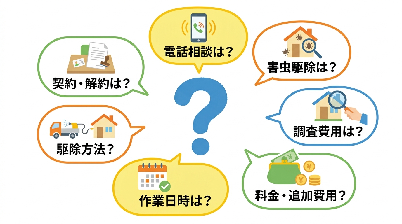 大きな「？」マーク中心に吹き出しが複数配置された構図。吹き出しに害獣駆除関連アイコン（電話・書類・家・虫眼鏡）。吹き出し内は日本語短文。白背景でクリーンなフラットデザイン。