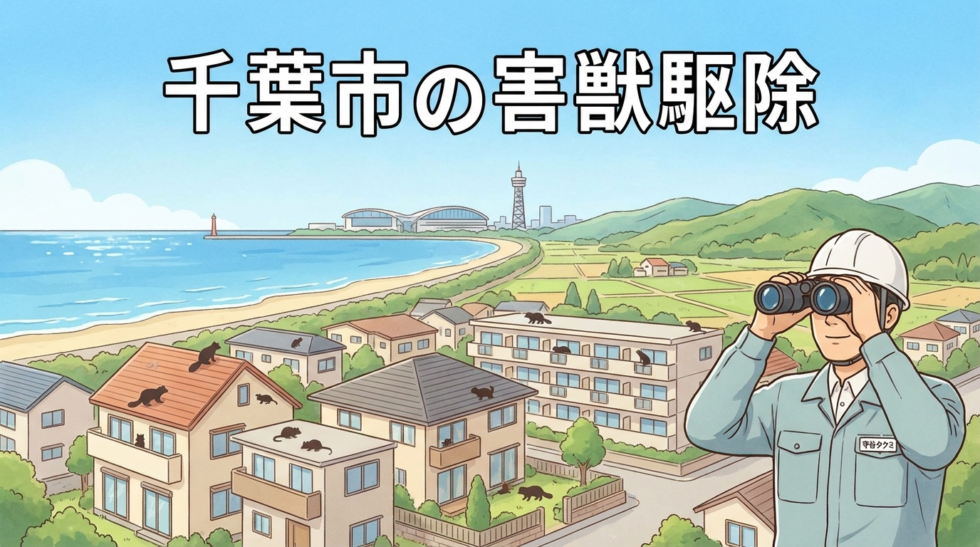 千葉市の害獣駆除をテーマにしたアイキャッチ画像。千葉ポートタワーや幕張メッセの景観と東京湾沿岸が遠景に広がり、手前には住宅地に小さくアライグマ・ハクビシン・ネズミのシルエットが配置。右側に獣害対策アドバイザー守谷タクミが双眼鏡で観察している姿。画像上部に「千葉市の害獣駆除」の白文字タイトル。