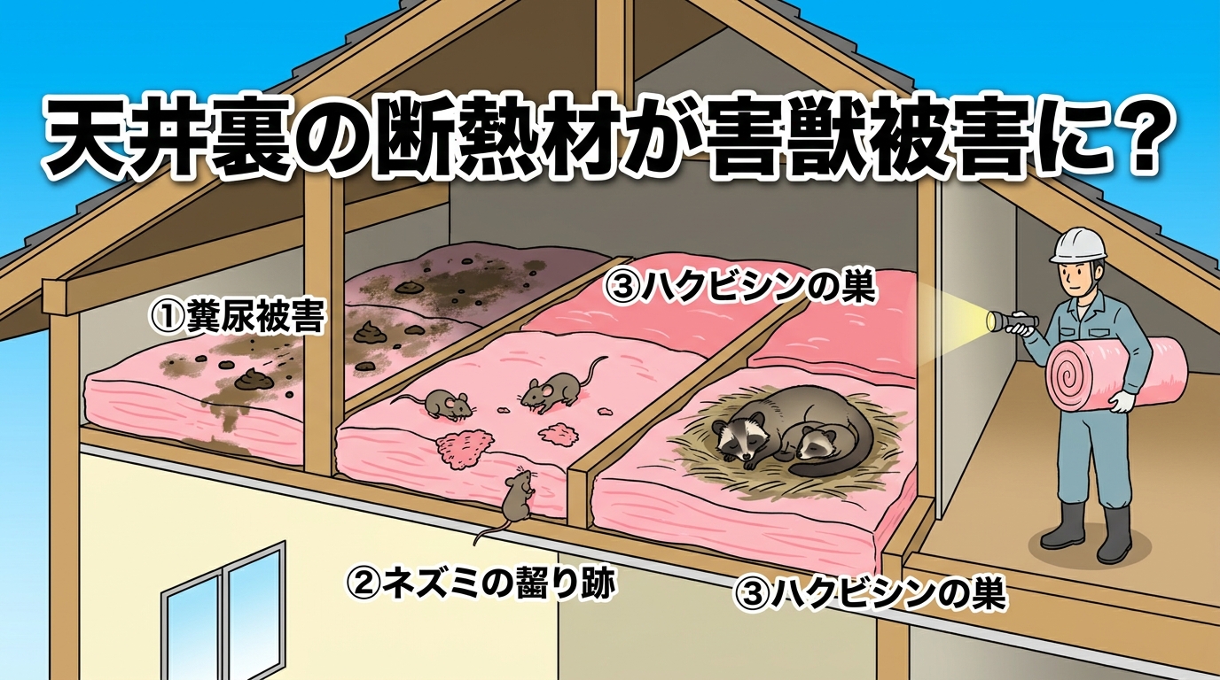害獣による天井裏の断熱材被害を示すアイキャッチ画像。日本家屋の屋根裏断面図で、①糞尿被害（黒ずんだ断熱材）、②ネズミの齧り跡（穴と巣材）、③ハクビシンの巣（押しつぶされた断熱材）の3つの典型被害を可視化。右側にヘルメットと作業服を着た補修作業員が新しい断熱材を手に立つ構図。中央上に「天井裏の断熱材が害獣被害に？」の白文字タイトル。