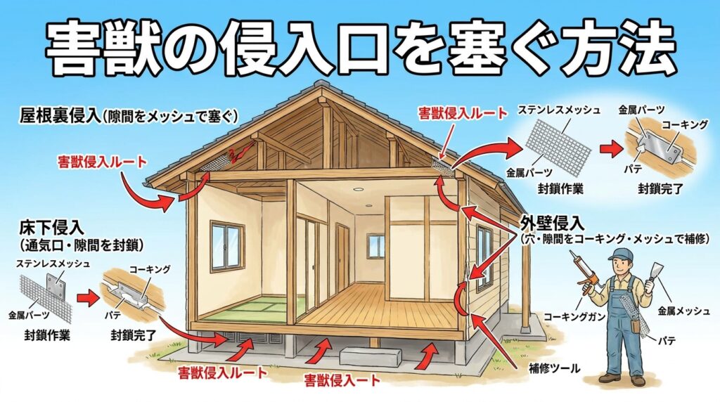 害獣の侵入口を塞ぐ方法を完全ガイドするアイキャッチ画像。日本家屋の断面図で屋根裏・床下・外壁それぞれの侵入ルートと、ステンレスメッシュ・金属パーツ・コーキング・パテで封鎖する工程を赤い矢印で図解。コーキングガンを持った作業者のイラスト付き。画像中央に「害獣の侵入口を塞ぐ方法」の大きな日本語タイトル。