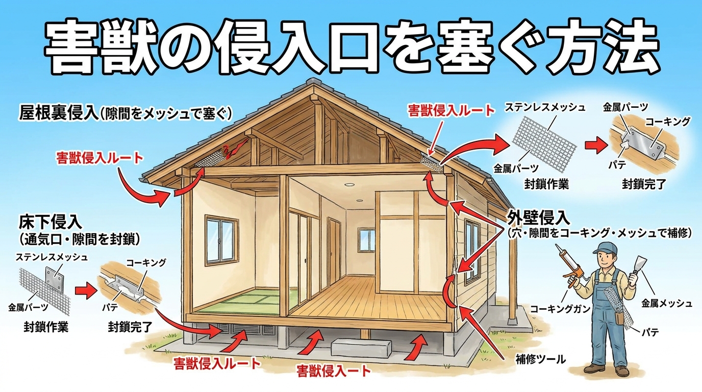 害獣の侵入口を塞ぐ方法を完全ガイドするアイキャッチ画像。日本家屋の断面図で屋根裏・床下・外壁それぞれの侵入ルートと、ステンレスメッシュ・金属パーツ・コーキング・パテで封鎖する工程を赤い矢印で図解。コーキングガンを持った作業者のイラスト付き。画像中央に「害獣の侵入口を塞ぐ方法」の大きな日本語タイトル。