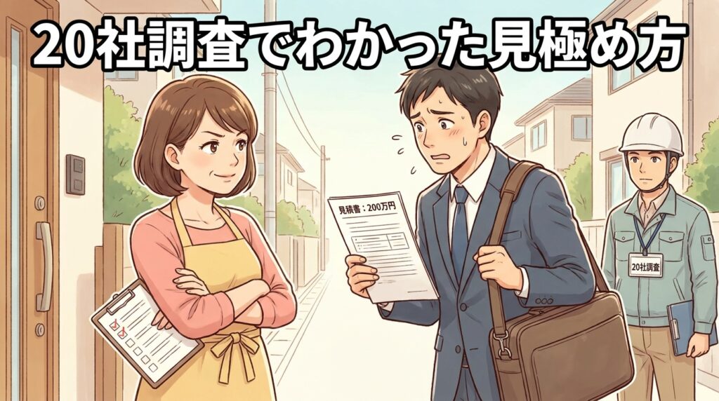 ハクビシン駆除業者の悪徳対策をテーマにしたアイキャッチ画像。玄関先で高額見積書（200万円）を持った訪問営業の男性と、冷静にチェックリストを手に持つ主婦が対峙する対比構図。奥には「20社調査」の取材バッジを下げた獣害対策アドバイザー守谷タクミが観察している。画像上部に「20社調査でわかった見極め方」の大きな白文字タイトル。