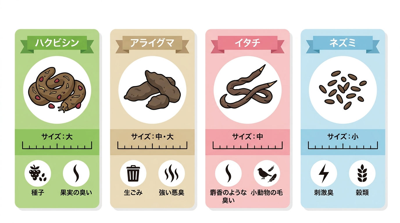 4種類の害獣の糞を日本語表記で比較する図解。ハクビシン（種子入り・果実臭・サイズ大）、アライグマ（中〜大・生ごみ臭）、イタチ（中・麝香臭）、ネズミ（小・刺激臭・穀類）。サイズゲージと特徴アイコンを日本語表記で配置