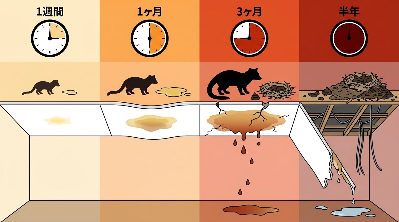 天井被害の進行を4段階で示す断面図。①発見初期（1〜2週間）の薄いシミ、②進行期（1〜2ヶ月）のシミ拡大と波打ち、③重度（3ヶ月以上）の液滴と亀裂、④最終段階（半年以上）の天井板落下。ハクビシンのシルエットと警告色で危機感を視覚化