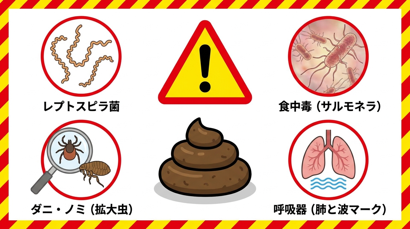 ハクビシンの糞による4つの健康リスクを示す警告図解。中央の警告マーク周囲に、レプトスピラ菌・サルモネラ菌・ダニノミ・呼吸器症状（アンモニア臭）の4つのアイコンを配置。感染症リスクと重症化への注意を視覚化
