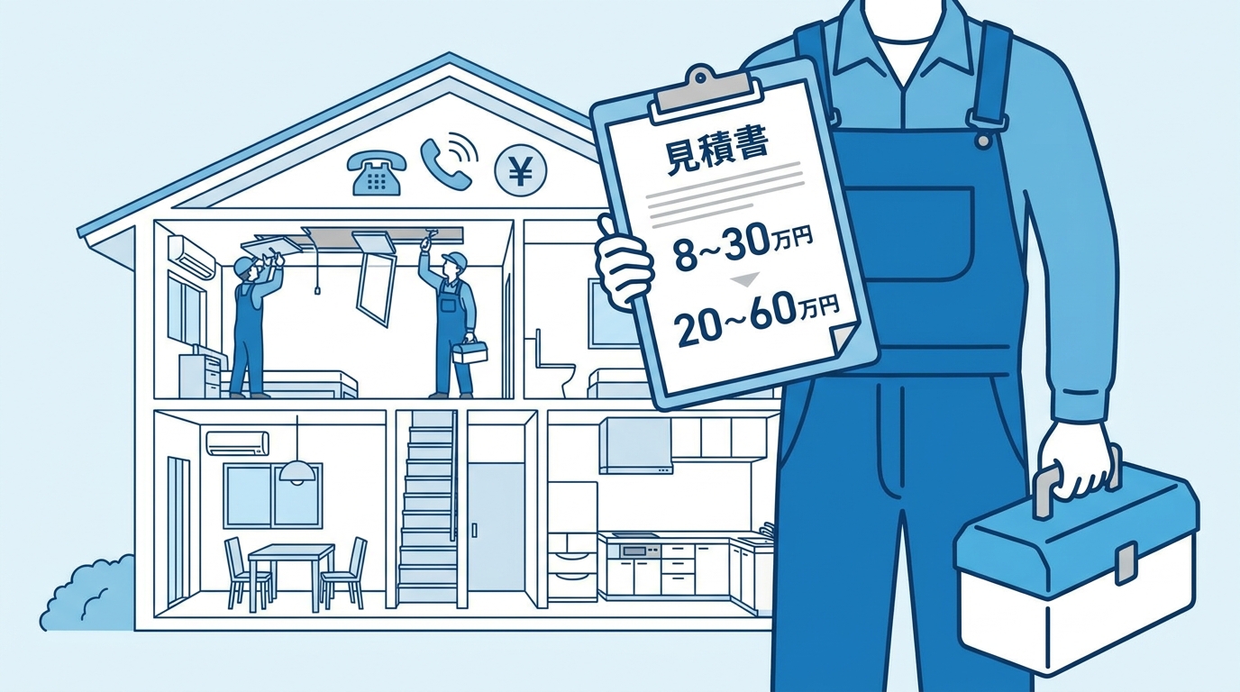 害獣駆除業者に天井被害の修繕を依頼する様子を示すイラスト。作業服姿の業者と見積書（駆除費用8〜30万円・修繕費合計20〜60万円）、工具箱、住宅断面図の天井修繕中、電話アイコンを配置