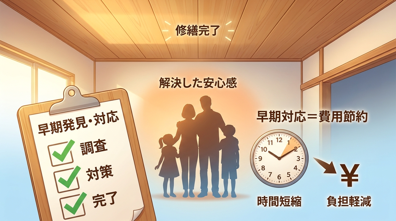 ハクビシン被害の早期対応で解決した安心感を表現したイラスト。修繕完了した木目天井、家族4人のシルエット、チェックマーク付きチェックリスト（早期発見・対応・調査・対策・完了）、時計と¥マーク矢印で「早期対応=費用節約」を日本語のみで視覚化