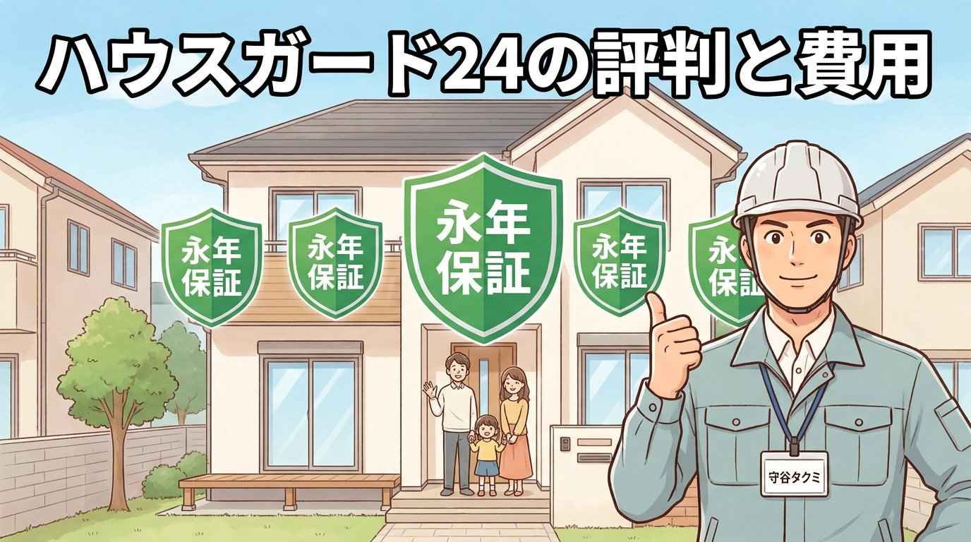 関東の害獣駆除サービス『ハウスガード24』を紹介するアイキャッチ画像。清潔感のある戸建て住宅の前に5つの緑色の永年保証の盾マークが並び、右側に守谷タクミが親指を立てる姿。家族が玄関前で安心した笑顔で立つ構図で、画像上部に『ハウスガード24の評判と費用』の白文字タイトルを配置。
