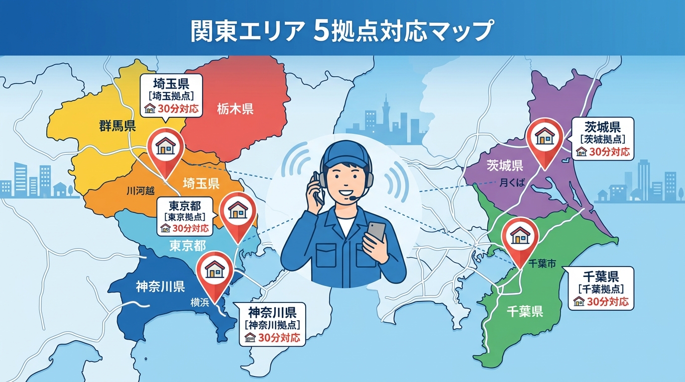 ハウスガード24の関東5拠点を示す地図イラスト。東京・千葉・埼玉・神奈川・茨城の5拠点と最短30分対応のラベル。
