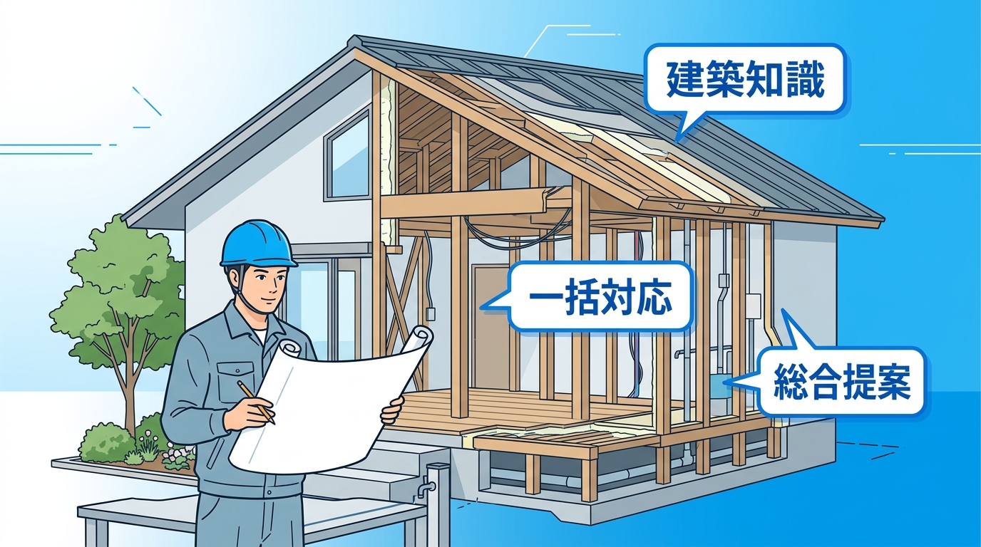 リフォーム兼業の3つの強みを示す住宅断面図。建築知識・一括対応・総合提案の3つのラベル付き。