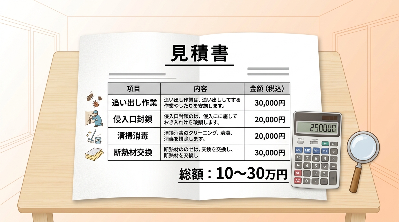料金体系を示す見積書イラスト。追い出し作業・侵入口封鎖・清掃消毒・断熱材交換の項目と10〜30万円の総額。