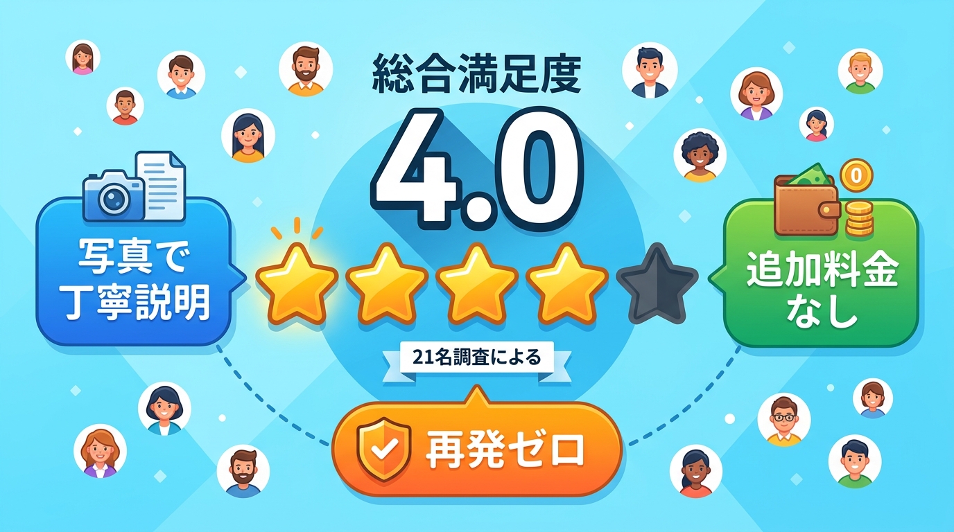 満足度4.0/5.0を示す星評価アイコンと3つの評価ポイント吹き出し。写真で丁寧説明・再発ゼロ・追加料金なし。