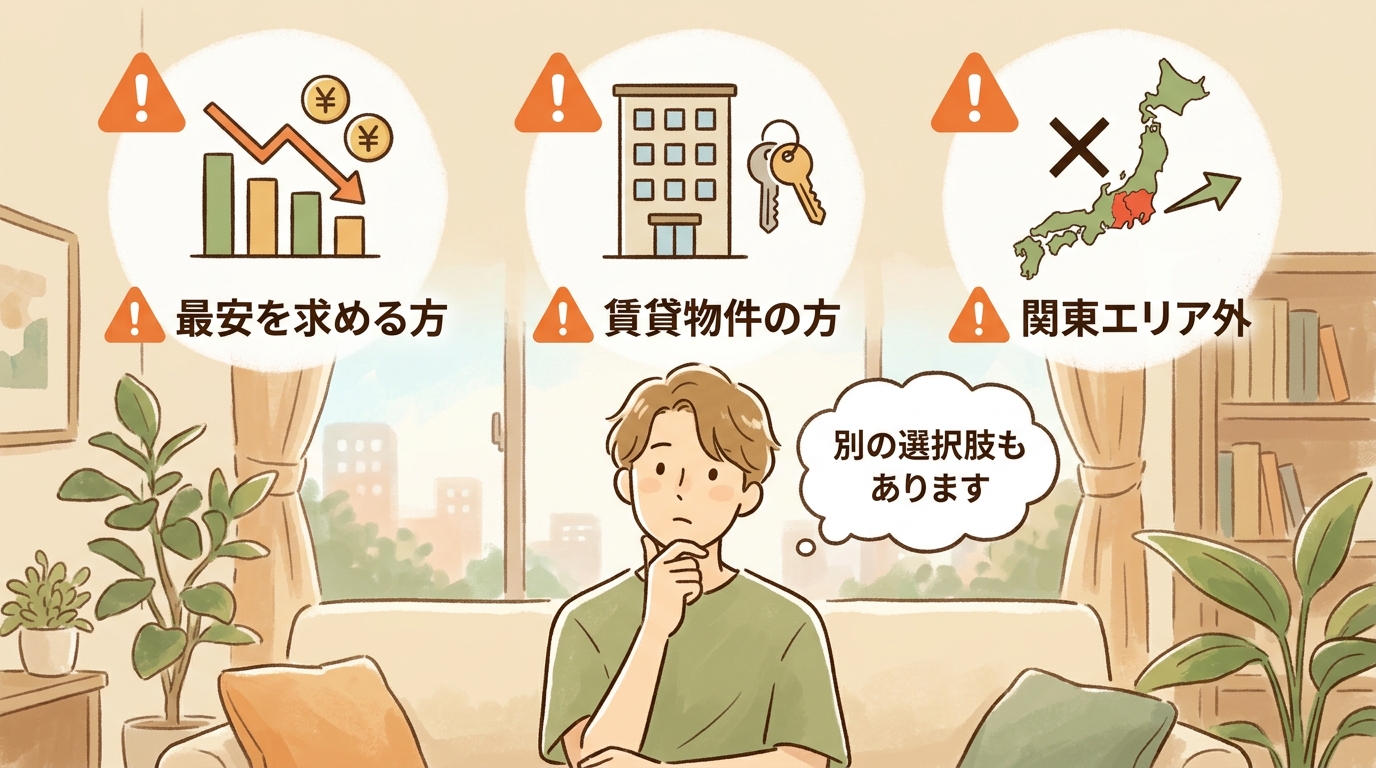 ハウスガード24に向かない人の3タイプ図解。最安重視・賃貸・関東外と注意マーク。