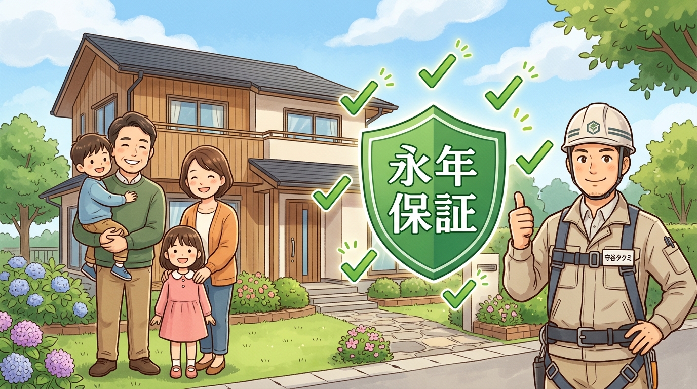 まとめイラスト。家族と守谷タクミ・盾マーク永年保証・チェックマークで守られた家の幸福感。