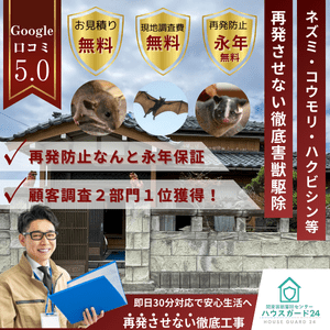関東害獣駆除センター ハウスガード24｜Google口コミ5.0・お見積り無料・現地調査費無料・再発防止永年保証。ネズミ・コウモリ・ハクビシン等の徹底害獣駆除を即日30分対応で実施。