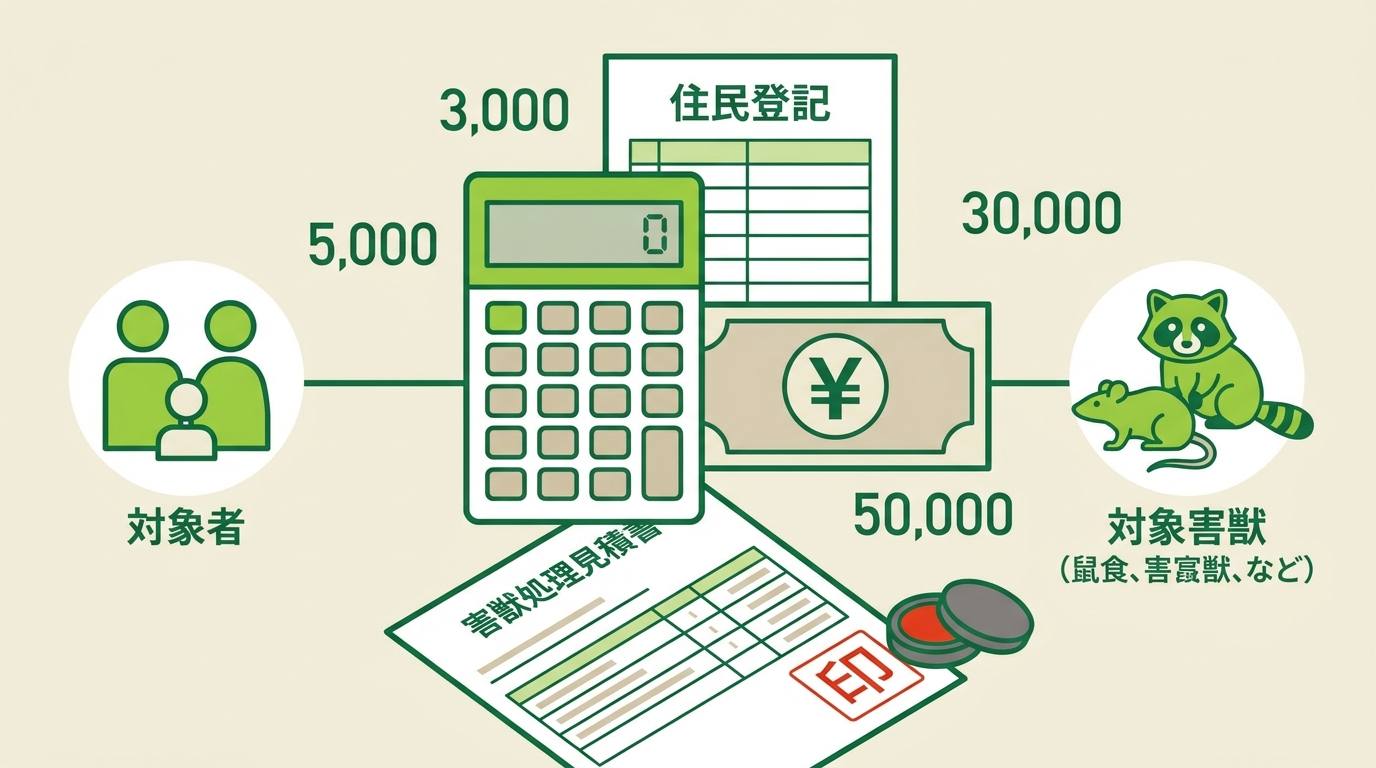 自治体補助金の金額相場と対象条件を示す図解。電卓と紙幣アイコンを中心に、3,000円〜5万円の補助金額、見積書・印鑑・住民票などの必要書類、対象者・対象害獣のアイコンを配置