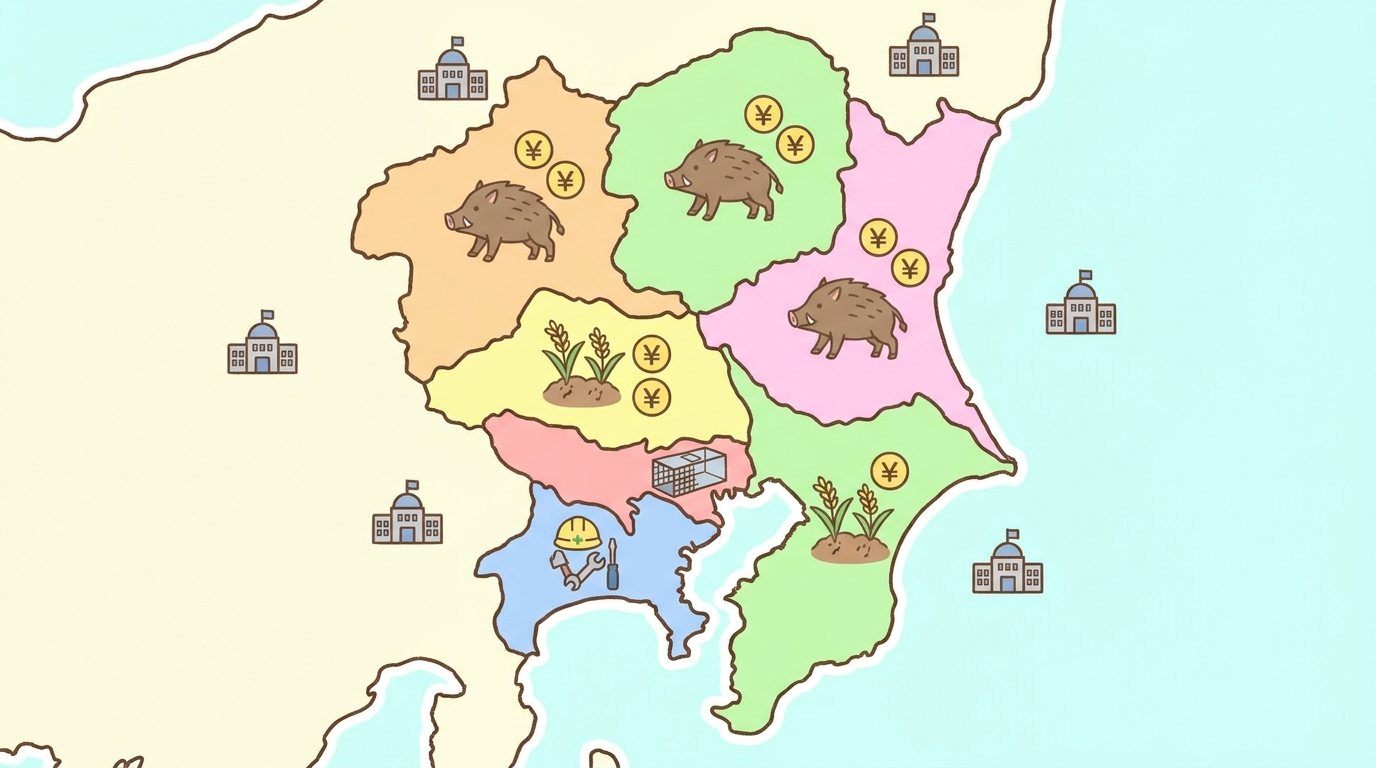 関東7都県（東京・神奈川・埼玉・千葉・茨城・群馬・栃木）の制度事例を示す地図イラスト。各都県の上に支援制度アイコン（東京は捕獲器、神奈川は業者紹介、埼玉千葉は農業補助、北関東は大型獣補助）を配置