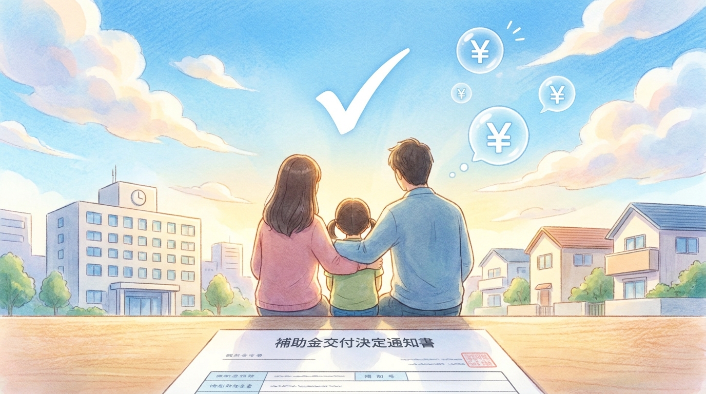 補助金申請が成功して安心を取り戻した家庭の様子を表現したまとめイラスト。晴れやかな青空背景、市役所と住宅、補助金交付決定通知書、家族のシルエット、チェックマークと¥マークで問題解決の安心感を視覚化