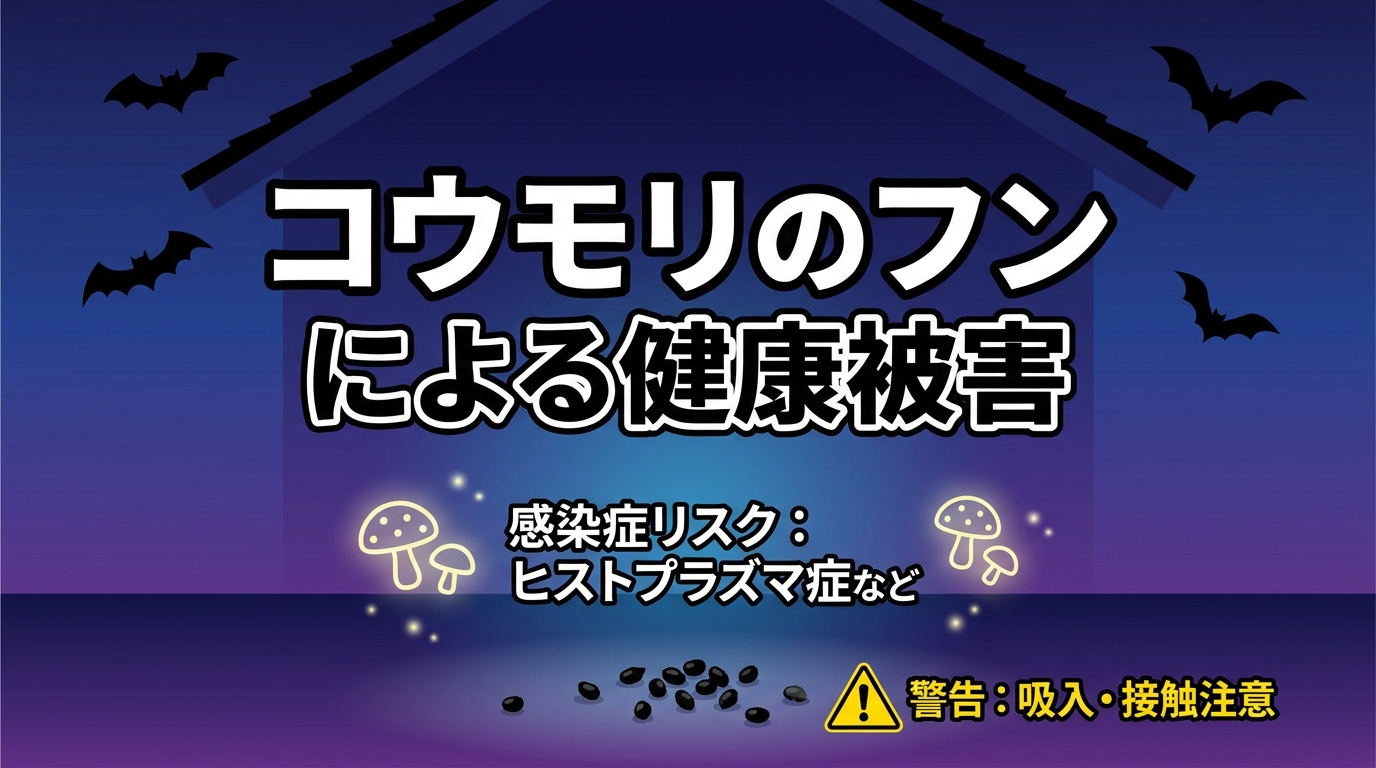 コウモリのフンによる健康被害を警告する図解。夜の住宅軒下に飛ぶコウモリのシルエットと地面に散らばる黒いフン、感染症リスクを暗示する警告マークで深刻なリスクを視覚化